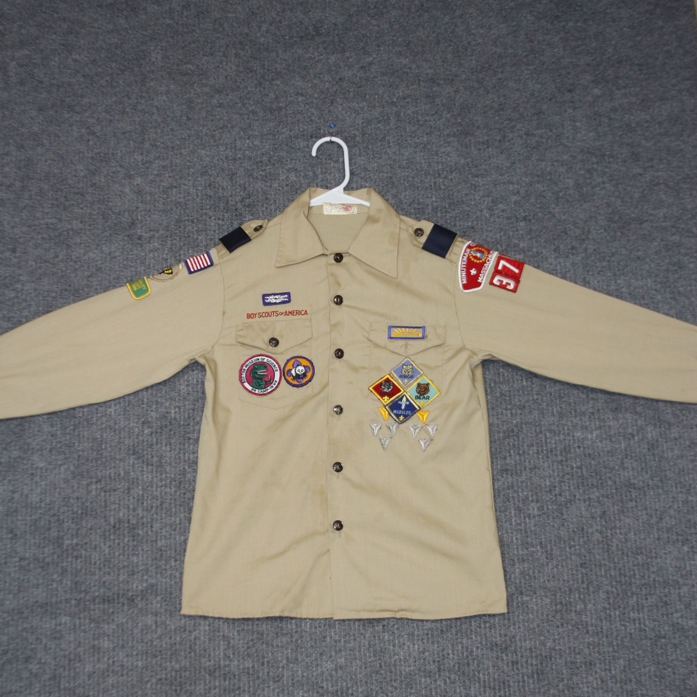 Vintage Boy Scouts of America Shirt Youth 14 Tan Good‎ Patches Minuteman Council